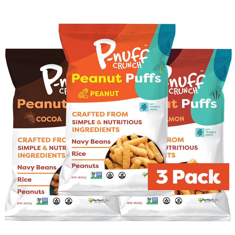 P-nuff Crunch Protein puffs 3 pack in original flavors cocoa, cinnamon and peanut